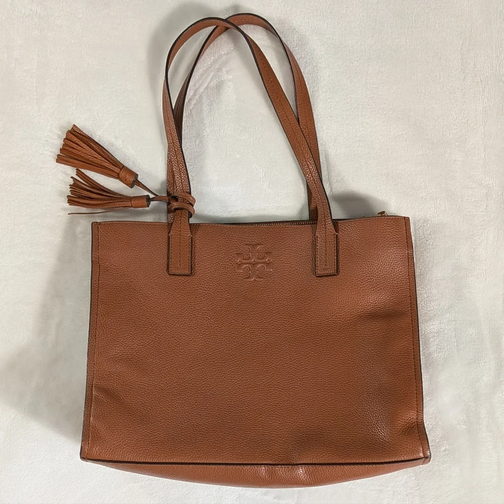 Tory Burch Cognac Brown Pebbled Leather Tote Shoulder Bag